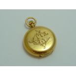 AN 18CT GOLD LADIES FULL HUNTER, the dust cover also marked 18ct, with monogrammed initials to the