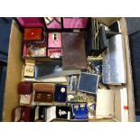 A BOX OF COSTUME JEWELLERY, to include purses, pens, cufflinks etc