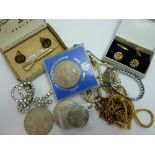 A SMALL COLLECTION OF JEWELLERY ITEMS, to include earrings, necklaces, cufflink sets, watch etc