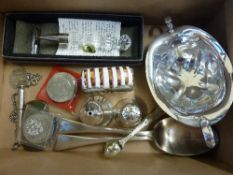 A MIXED BOX OF COINS, silver plate etc