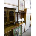 A VICTORIAN OCCASIONAL TABLE, firescreen, two pictures and two table lamps etc (s.d.)