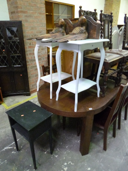 A PAIR OF PAINTED OCCASIONAL TABLES, a pair of wall hanging brackets etc (5)