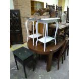 A PAIR OF PAINTED OCCASIONAL TABLES, a pair of wall hanging brackets etc (5)