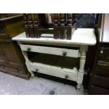 A PAINTED VICTORIAN PINE SIDE TABLE, with two drawers