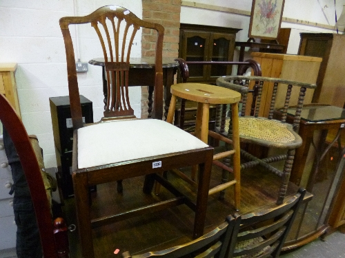 A PINE RUSH SEATED BOBBIN TURNED CHAIR, a Georgian chair and two stools (4)
