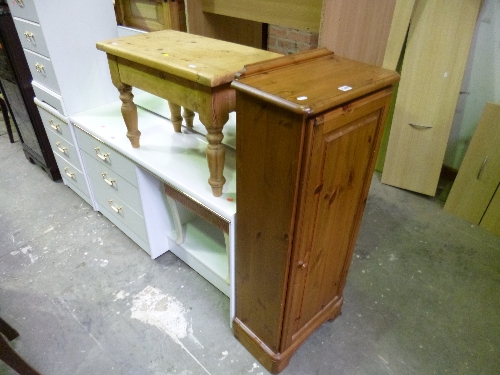 A DUCAL PINE SINGLE DOOR CUPBOARD, and a pine stool with lift up top (2)