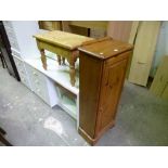 A DUCAL PINE SINGLE DOOR CUPBOARD, and a pine stool with lift up top (2)