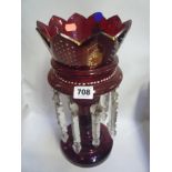 A RUBY COLOURED GLASS LUSTRE, painted decoration, with glass droppers, height 34.5cm (s.d.)