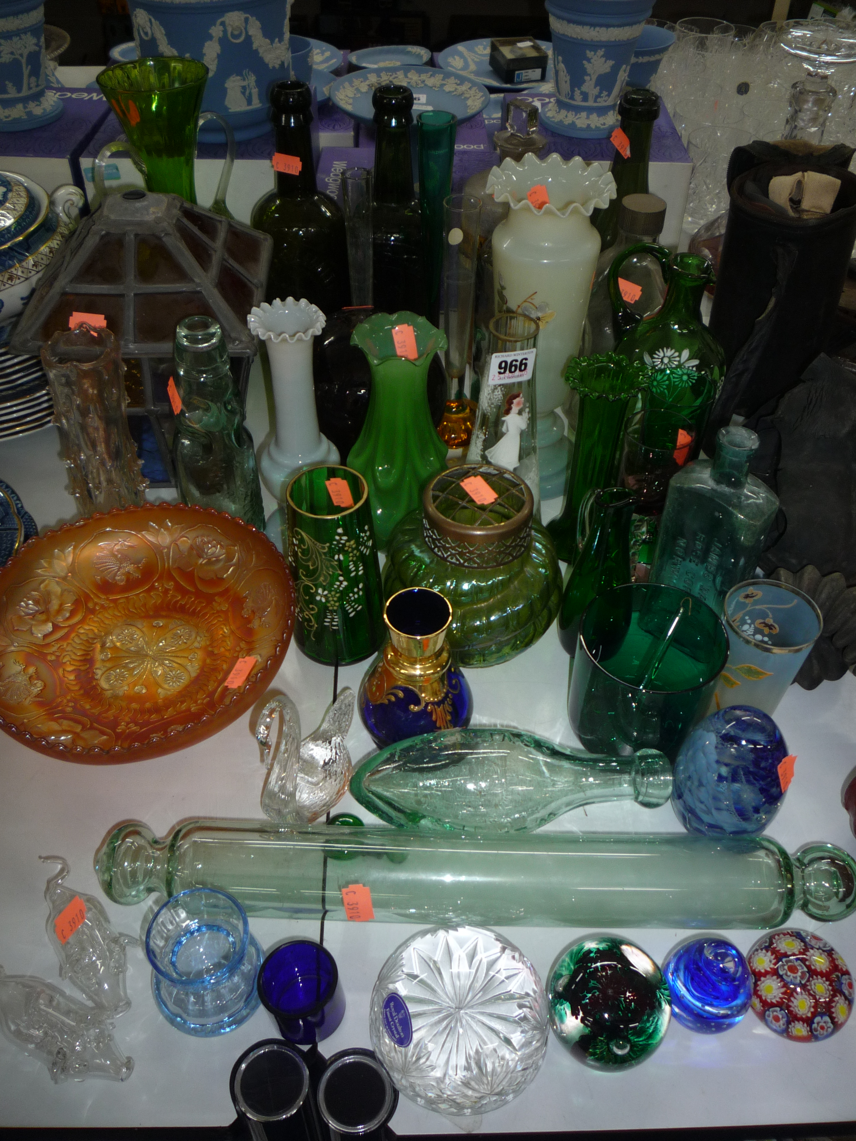A QUANTITY COLOURED/CUT GLASS, to include paperweights, bottles, vases etc