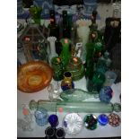 A QUANTITY COLOURED/CUT GLASS, to include paperweights, bottles, vases etc