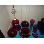 VARIOUS RUBY COLOURED GLASS, to include Victorian glass bell, height approximately 31cm, vases