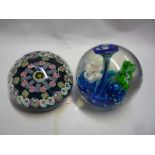 TWO GLASS FLORALLY DECORATED PAPERWEIGHTS, (2)