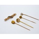 A COLLECTION OF STICK PINS, and a bar brooch, to include a diamond sapphire and opal stick pin