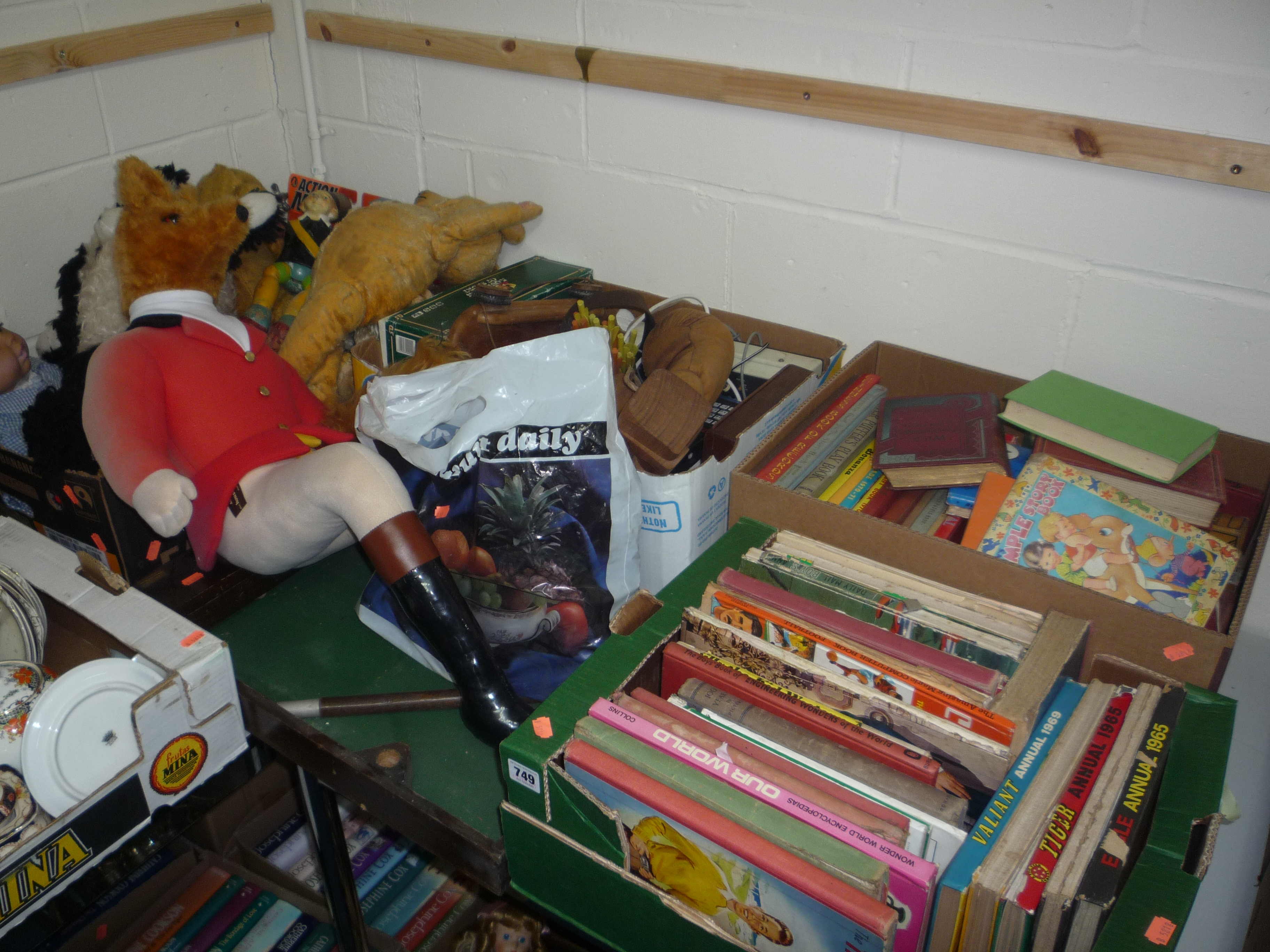 FOUR BOXES AND LOOSE SOFT TOYS, (Merrythought, Chiltern etc), books, games etc