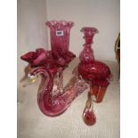 SEVEN PIECES OF CRANBERRY COLOURED GLASS, (7)