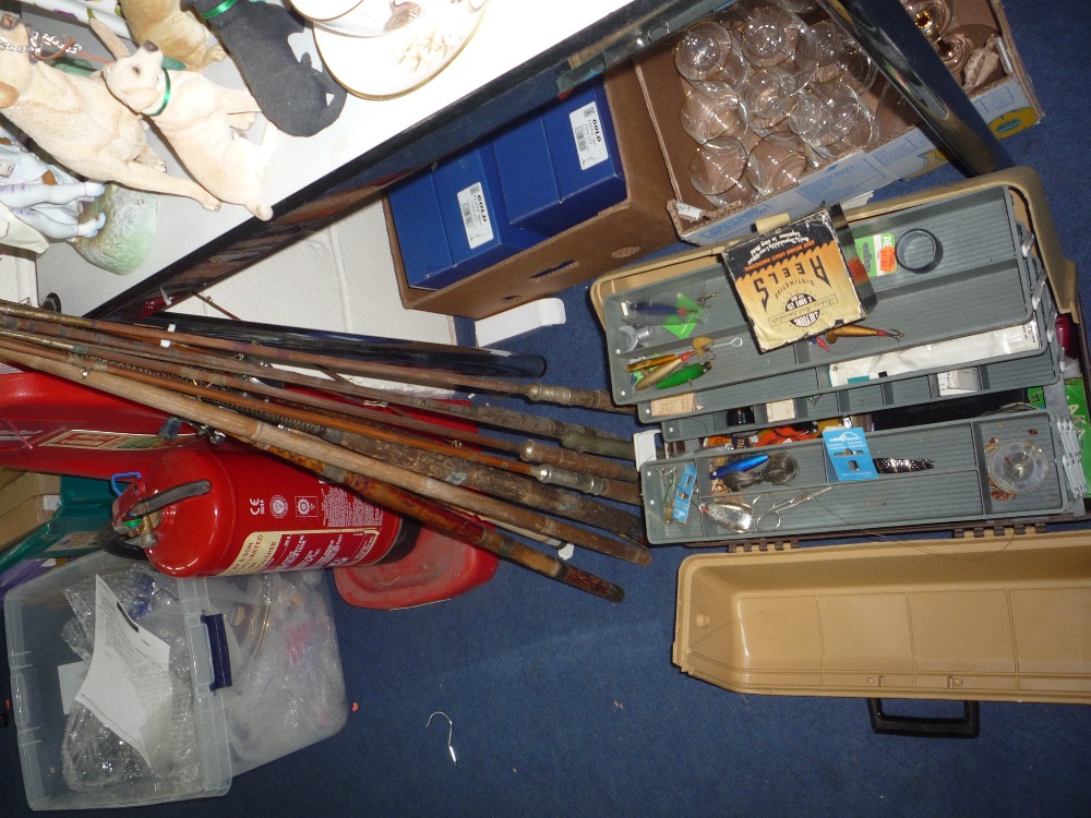 VARIOUS FISHING RODS, REELS, BOX, etc, including 'Abu' 'Elite', 'J.W. Young' reels etc