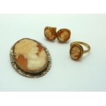 A COLLECTION OF CAMEO JEWELLERY, to include a 9ct gold ring, a pair of cameo earrings with rope