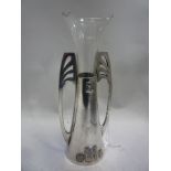 A WMF SECESSIONIST STYLE ELECTROPLATE AND GLASS BUD VASE, of tapering form with twin pierced wing