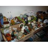 FIVE BOXES OF CERAMICS, GLASS, HANDBAG, etc