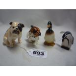 FOUR ROYAL DOULTON ANIMALS, seated Bulldog K1, Cat Licking Paw HN2583, Penguin K24 and Duck No.