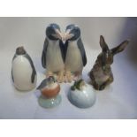 FIVE ROYAL COPENHAGEN FIGURES/GROUPS, Penguins No.1190, Rabbit No.1019, Frog on Rock No.509, Robin