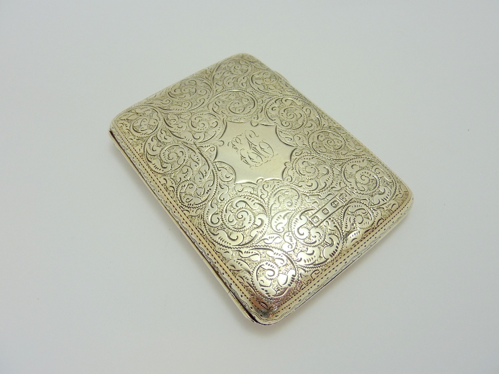 A VICTORIAN SILVER CARD CASE/AIDE MEMOIR AND PENCIL, George Nathan Ridley Hayes, scrolling