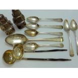 SIX GEORGIAN SILVER TEASPOONS, a pair of silver condiments, silver spoon and two silver toddy ladles