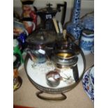 A THREE PIECE EPBM TEA SERVICE, tray, cutlery and silver napkin rings etc