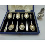 A CASED SET OF SILVER SPOONS, and a silver pepperette
