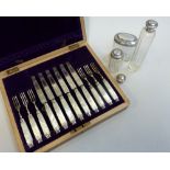 A CANTEEN OF SIX DESSERT KNIVES AND SIX FORKS, Sheffield 1902, together with three facet cut glass