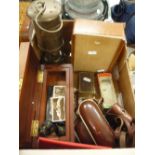 A SMALL BOX OF SUNDRIES, miners lamp, camera etc