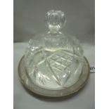 A CUT GLASS/SILVER PLATED CHEESE DISH AND STAND