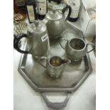 A FOUR PIECE PEWTER TEA SERVICE AND TRAY, (5)