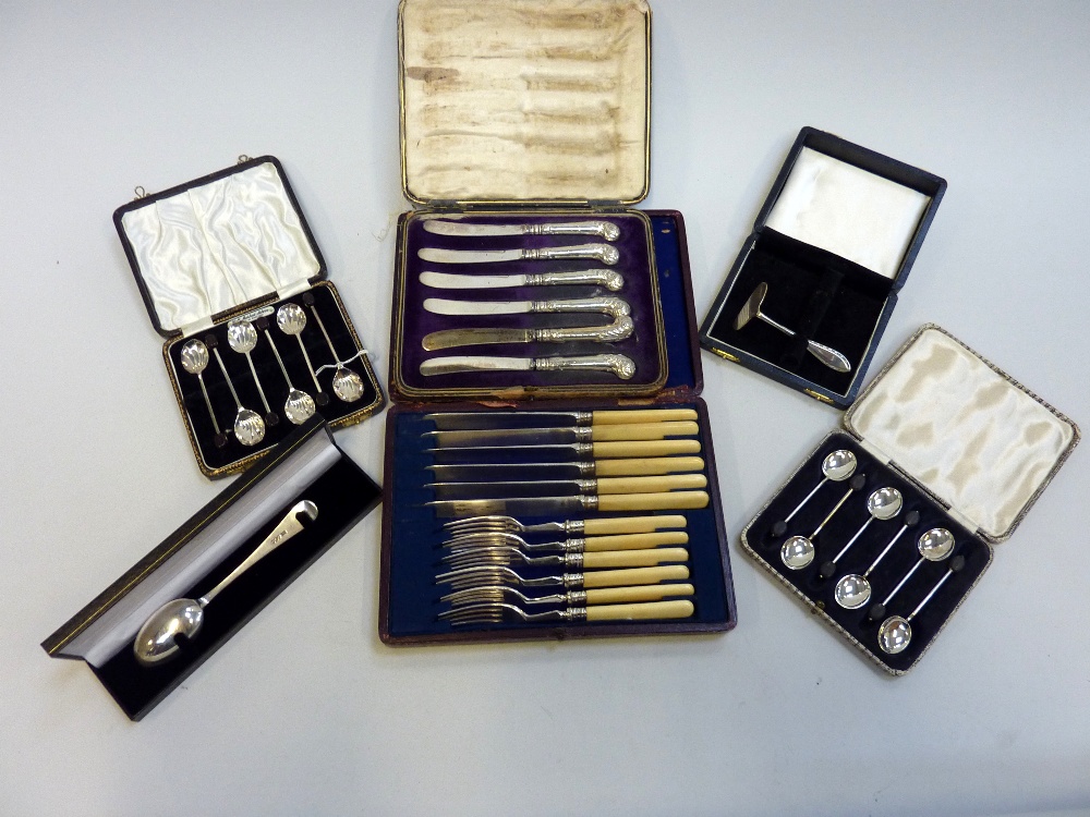 A COLLECTION OF CASED SILVER AND PLATED TABLEWARES, to include two sets of six 'Bean' handled Art