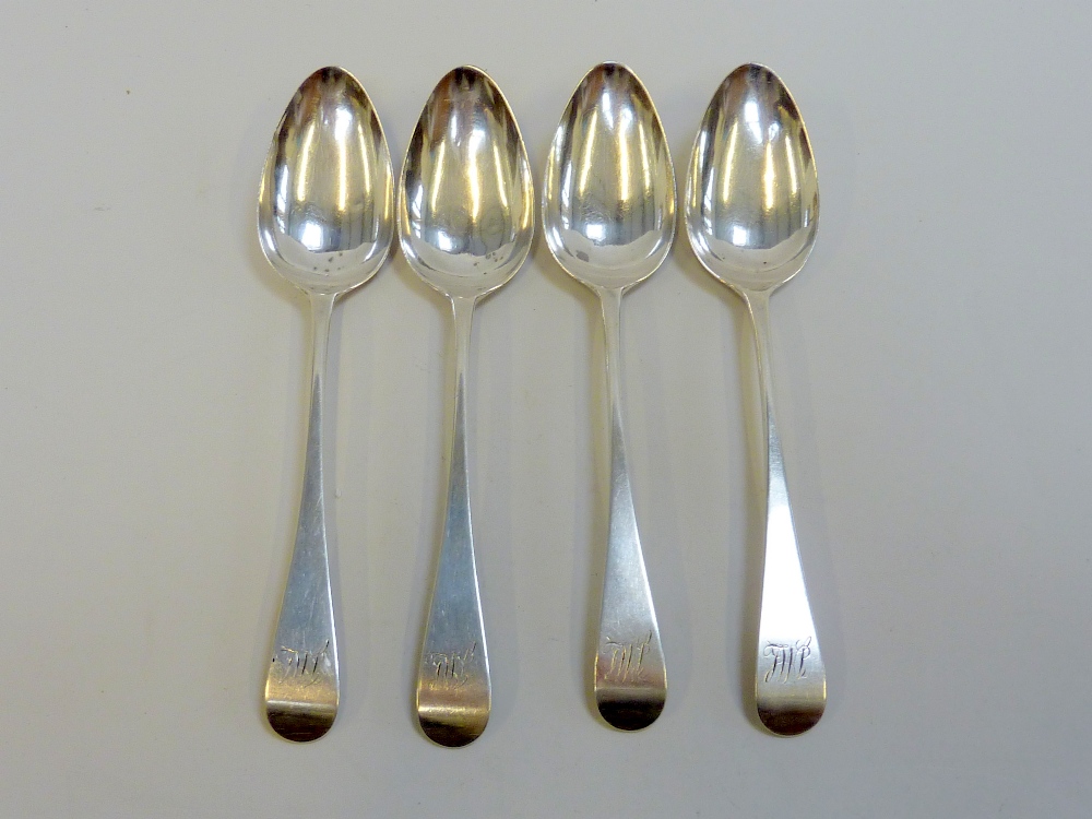 FOUR GEORGE III SILVER TABLE SPOONS, Dorothy Langlands, Newcastle 1811, Old English, monogrammed,