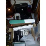 A BOXED CANON POWER SHOT G2, LENSES, cased binoculars etc