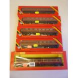 FIVE BOXED ASSORTED TRI-ANG HORNBY AND HORNBY RAILWAYS OO GAUGE L.M.S. COACHES, (R.433 x3, R.434,