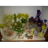 A PARCEL OF MAINLY CONTINENTAL GLASSWARES, to include coloured, spirit decanter sets, enamelled etc
