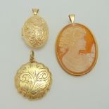 THREE ITEMS OF 9CT GOLD JEWELLERY, to include two decorative lockets and one cameo of a woman in