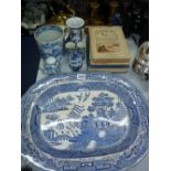 A BLUE PRINTED MUG, c.1810, with Willow pattern meat platter, other oriental items, brasswares and