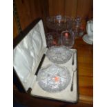 A MARQUIS BY WATERFORD BOWL, cased pickle dishes and forks and three other cut glass items