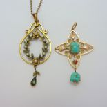TWO OPENWORK PENDANTS, the first a rose gold pendant with turquoise together with a further