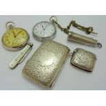 A COLLECTION OF ITEMS, to include two pocket watches, a pen knife, a vesta, a charoot with silver