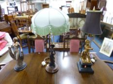 A CHERUB FIGURAL TABLE LAMP, with shade, another table lamp with shade and a figure of an elegant