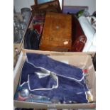 TWO BOXES OF SUNDRIES, Arthur Price cutlery, handbags, inlaid work box etc