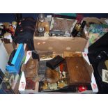 TWO BOXES AND LOOSE SUNDRY ITEMS, work box, clock, camera, cutlery, spirits etc