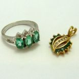 TWO ITEMS OF JEWELLERY, to include a 9ct gold emerald and diamond ring, together with a diamond