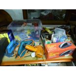 TWO BOXES OF WORKSHOP HARDWARE, an tools, two electric sanders, drill etc
