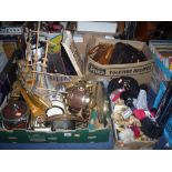 FOUR BOXES OF SUNDRIES, soft toys, clocks, model ships, handbags etc