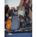 TWO BOXES OF FILM, CINE AND PROJECTOR EQUIPMENT, to include cameras, binoculars etc